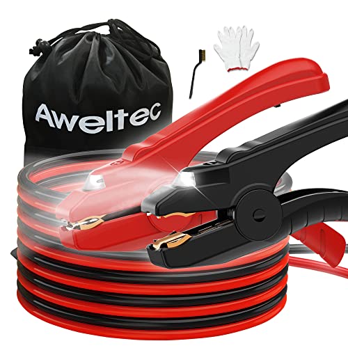 AWELTEC Jumper Cables with LED Light - 6 Gauge 16 Feet Battery Heavy Duty Booster Cables (6AWG x 16Ft) with Carrying Bag, Safety Gloves and Iron Brush - Image 1