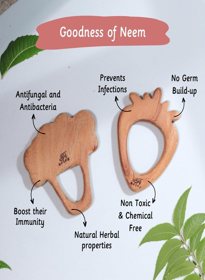 Ariro Wooden Teethers Shaped as Strawberry and Broccoli for Baby Boy & Girl | Hand Crafted with Organic Neem Wood That Helps Boost Immunity & Aids in Digestion | Easy to Grasp & Chew - Image 3