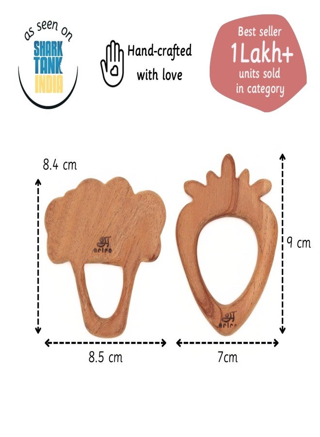 Ariro Wooden Teethers Shaped as Strawberry and Broccoli for Baby Boy & Girl | Hand Crafted with Organic Neem Wood That Helps Boost Immunity & Aids in Digestion | Easy to Grasp & Chew - Image 2