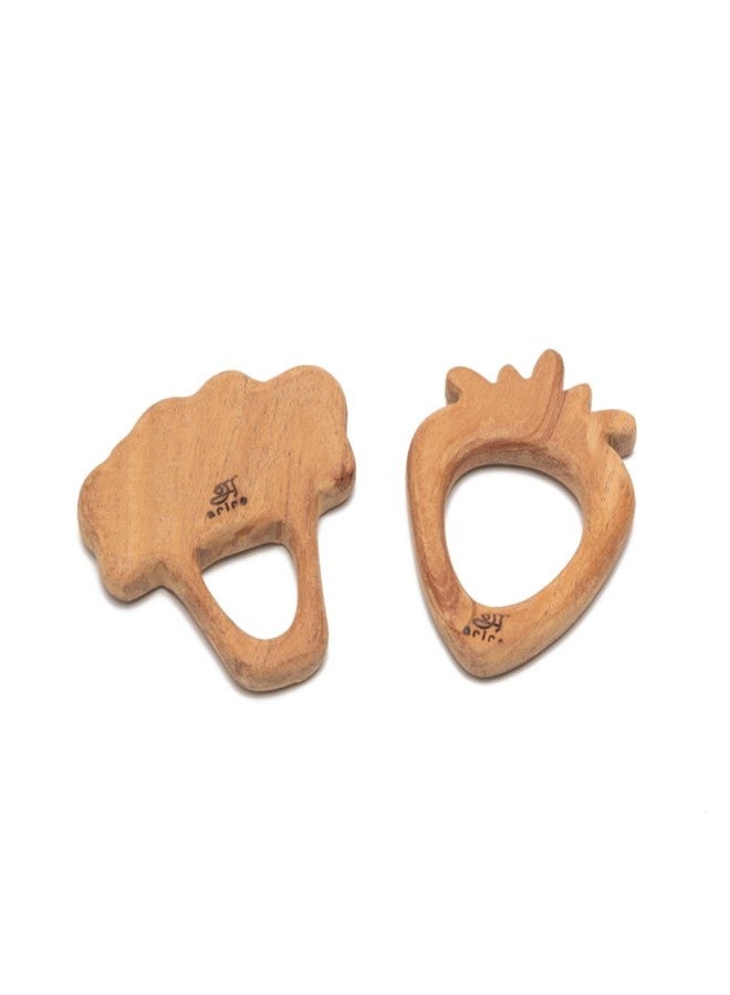 Ariro Wooden Teethers Shaped as Strawberry and Broccoli for Baby Boy & Girl | Hand Crafted with Organic Neem Wood That Helps Boost Immunity & Aids in Digestion | Easy to Grasp & Chew - Image 1