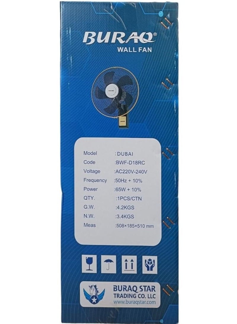 Buraq 18" Wall Fan with Remote – Dubai Model (BWF‑D18RC) High‑Performance Cooling | 65W Energy‑Efficient Motor | 3‑Speed Control | Wide Airflow - Image 3