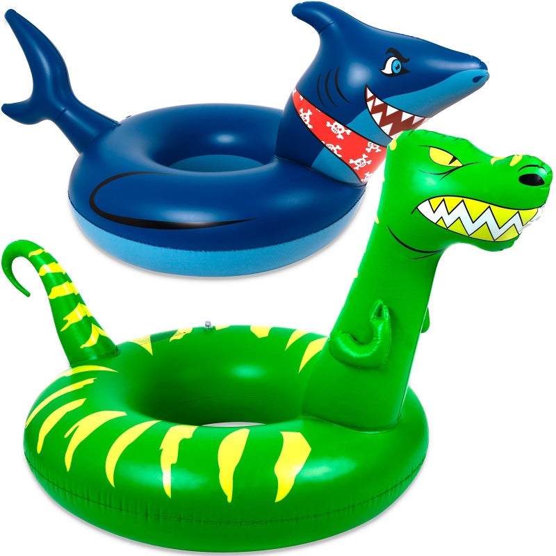 Geefuun 2PCS Pool Floats for Adults Inflatable Dinosaur Shark Swimming Floaties Rings Water Party Supplies - Image 3
