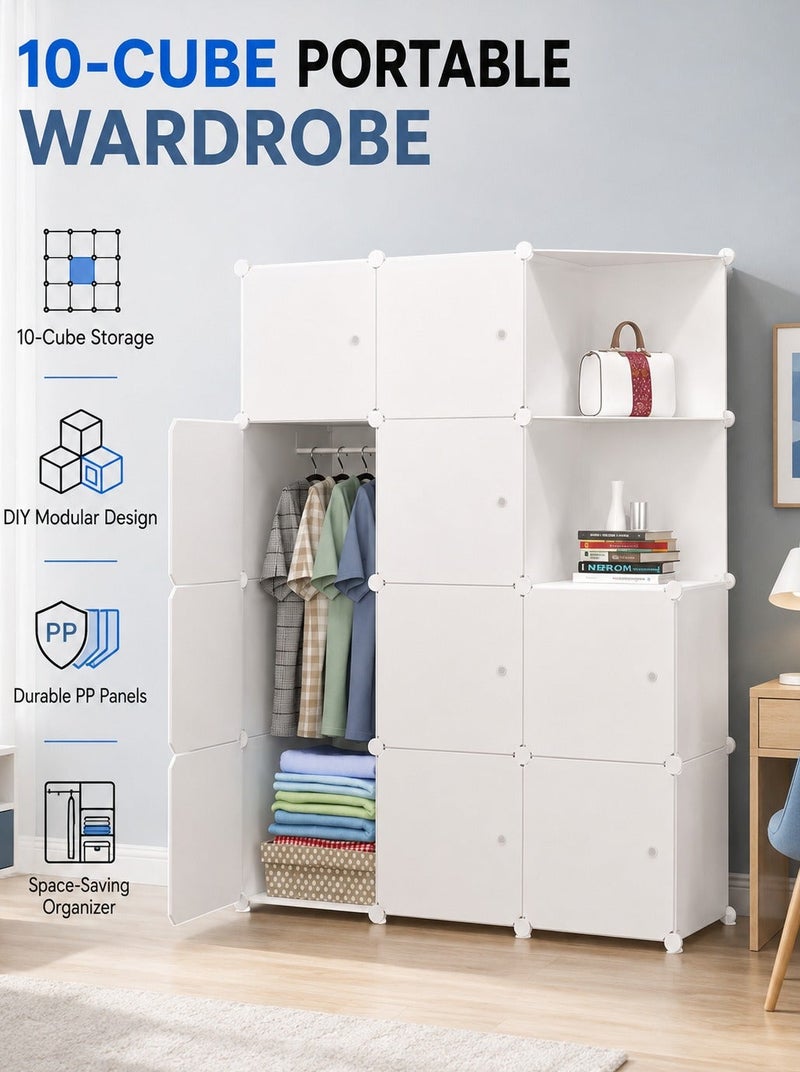 WALALLA 10-Cube Portable Wardrobe, DIY Modular PP Resin Storage Cabinet with Doors and Shelves, Space-Saving Clothes Organizer for Bedroom, Dorm, Apartment, Clothes, Shoes, Books and Toys, White - Image 1