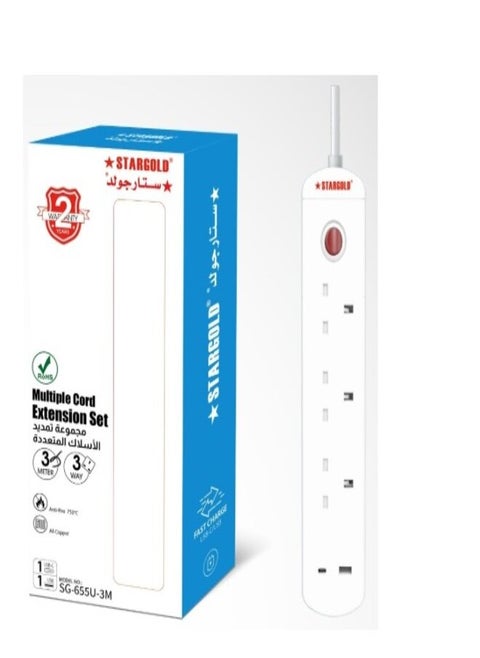 STARGOLD Multi 3 Way Extension Cord with USB Overload Protection Charging Lead, 3250W/13A, 3M Long Power Cable, SG-655U 3M White