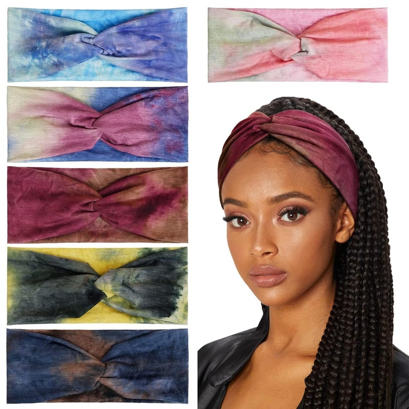 Huachi Fashion Headbands for Womens Hair Wide Tie Dye Turban Head Bands Non SlipTwisted Headwraps Workout Hair Accessories 6 Pack