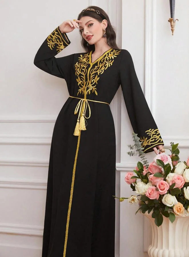 تايك تو Black Embroidered V-Neck Maxi Jalabiya with Long Sleeves