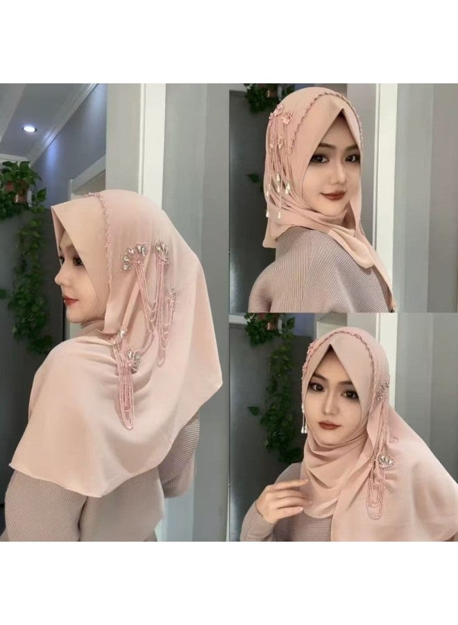 حجاب نسائي مزين بزهور خرز وشرّابات متدلية، مقاس موحد، وشاح رأس أنيق للاستخدام اليومي والمناسبات والتجمعات - Image 2