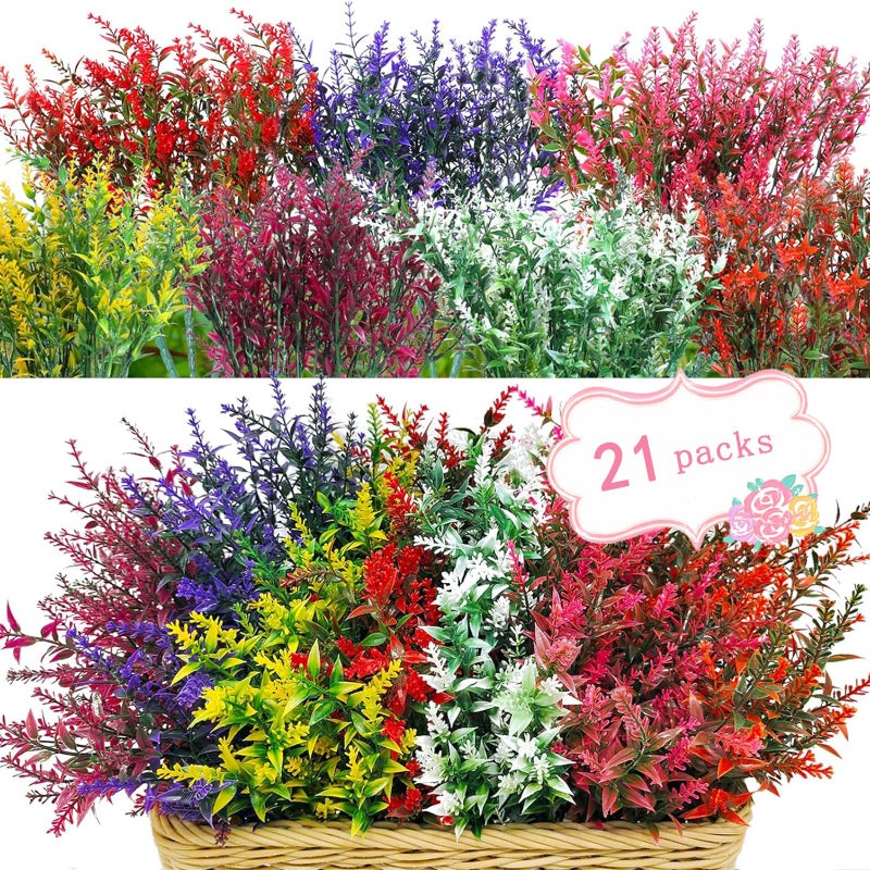 WEAUSUP 21 Bundles Faux Plants Outdoor Fake Flowers Artificial Flowers Fake Shrubs Greenery Bushes Bouquet UV Resistant Faux Bushes Plastic for Home Garden Decor (7 Colors) - Image 1