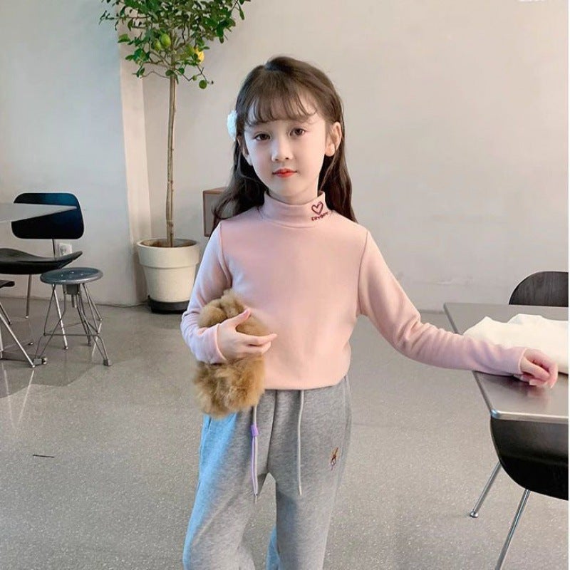 Girls' Bottoming Shirt Long-Sleeved T-Shirt For Small And Medium-Sized Children'S Girls' Baby With Half-High Collar Foreign-Style Fleece Cold-Resistant Top - Image 5