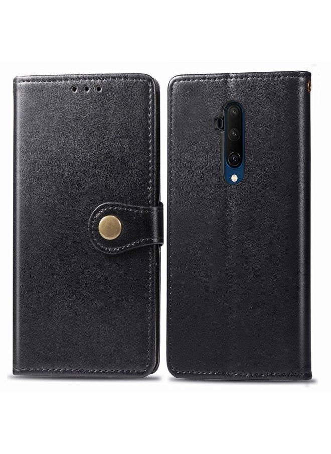 HuHa Case Cover For One Plus 7T Pro Retro Solid Color Leather Buckle Phone Case with Lanyard & Photo Frame & Card Slot & Wallet & Stand Function Black 