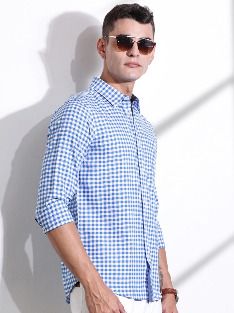 Thomas Scott Men | Long Sleeves | Gingham Checks | 100% Cotton | Spread Collar | Casual Shirt | (Available in Plus Size)(TS1481_Blue_XL) - Image 3