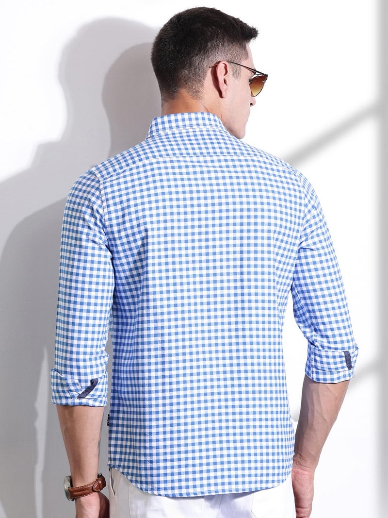 Thomas Scott Men | Long Sleeves | Gingham Checks | 100% Cotton | Spread Collar | Casual Shirt | (Available in Plus Size)(TS1481_Blue_XL) - Image 4