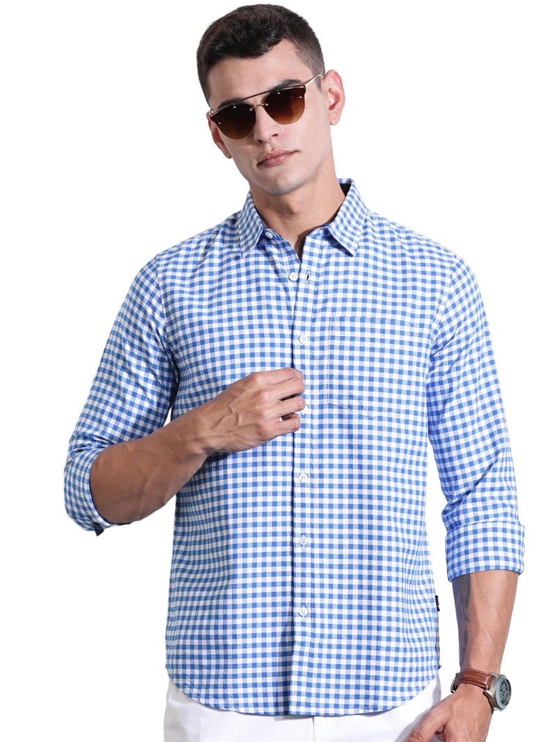 Thomas Scott Men | Long Sleeves | Gingham Checks | 100% Cotton | Spread Collar | Casual Shirt | (Available in Plus Size)(TS1481_Blue_XL) - Image 1