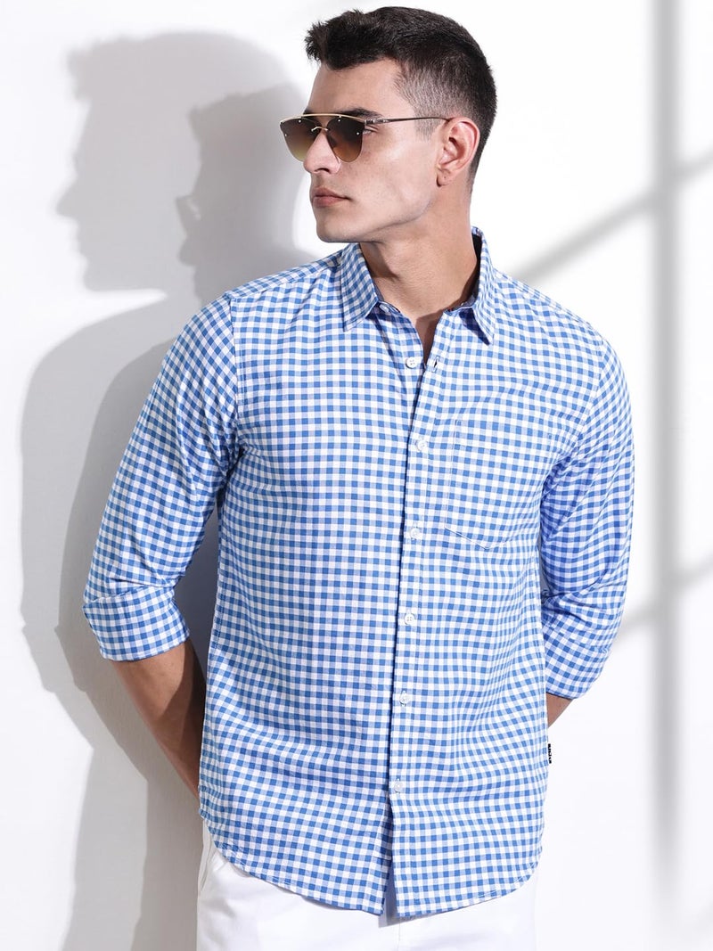 Thomas Scott Men | Long Sleeves | Gingham Checks | 100% Cotton | Spread Collar | Casual Shirt | (Available in Plus Size)(TS1481_Blue_XL) - Image 2