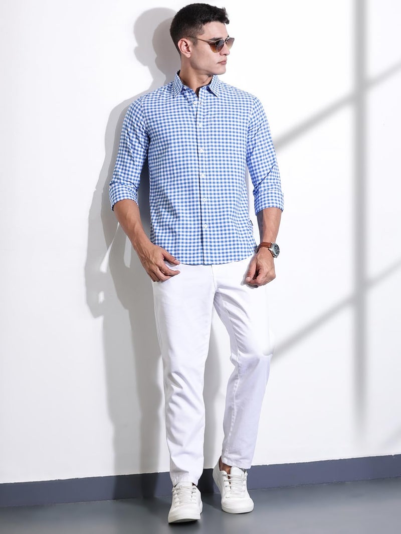 Thomas Scott Men | Long Sleeves | Gingham Checks | 100% Cotton | Spread Collar | Casual Shirt | (Available in Plus Size)(TS1481_Blue_XL) - Image 5
