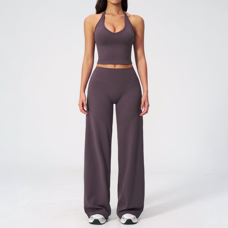 ZeChuang European and American TK Halter Neck Backless Sports Set - Fitness Wide Leg Straight Pants Outdoor Casual Yoga Outfit 5529
