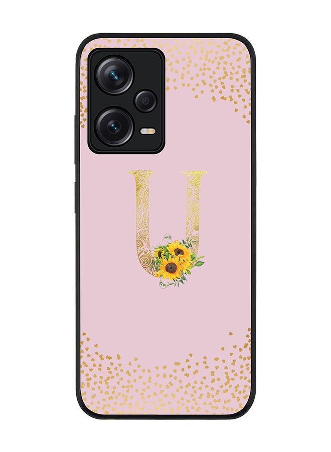 Stylizedd Rugged Black edge case for Redmi Note 12 Pro 5G Slim fit Soft Case Flexible Rubber Edges Anti Drop TPU Gel Thin Cover - Custom Monogram Initial Floral Pattern Alphabet - U - Pink - Image 1