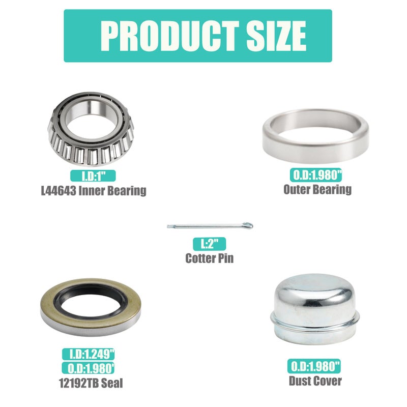 FUSHIBEARING 2 Set Fits for 1'' Axles Trailer Wheel Hub Bearings Kit, L44643/L44610,1.000" ID, 1.980" OD, 0.580" Widthï¼Œ12192TB Seal OD 1.980'',Dust Cover and Cotter Pin. - Image 2