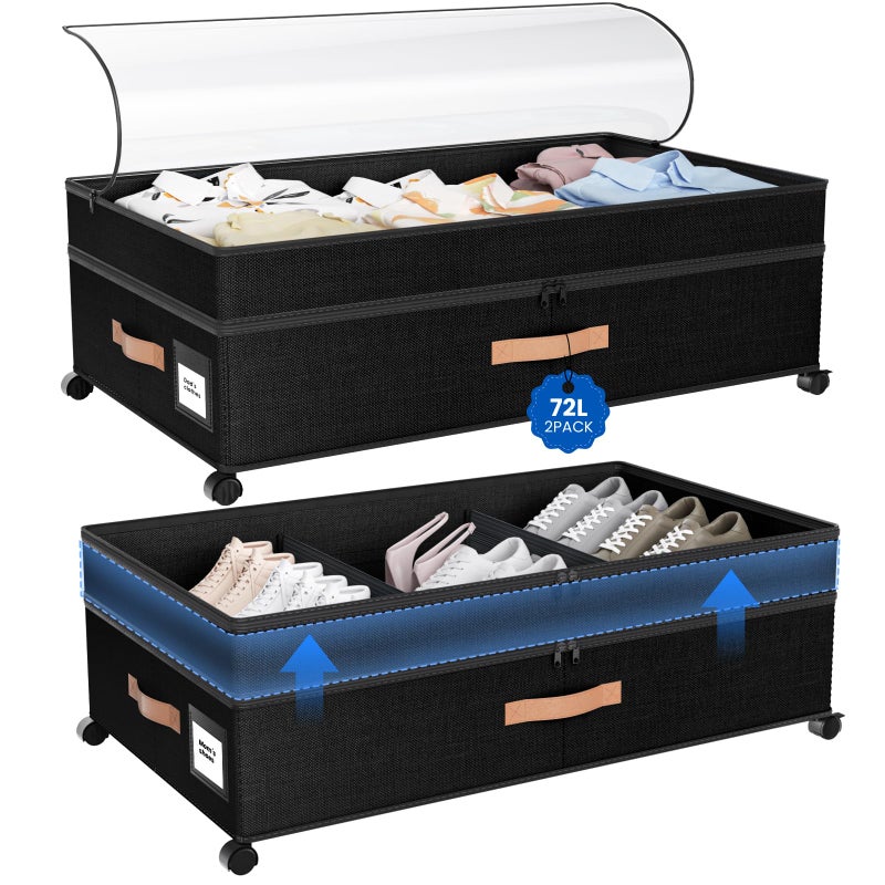 Mqaue Under Bed Storage with Wheels, 72L XXL Under the Bed Storage Containers Large, 10â€˜â€™ Tall Adjustable Storage for Underbed with Lids, Rolling for Shoes, Clothes, Blankets, Black - Image 1