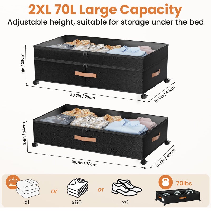 Mqaue Under Bed Storage with Wheels, 72L XXL Under the Bed Storage Containers Large, 10â€˜â€™ Tall Adjustable Storage for Underbed with Lids, Rolling for Shoes, Clothes, Blankets, Black - Image 2