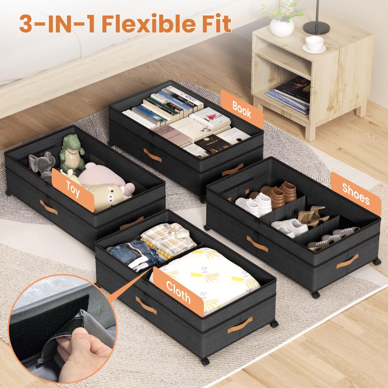 Mqaue Under Bed Storage with Wheels, 72L XXL Under the Bed Storage Containers Large, 10â€˜â€™ Tall Adjustable Storage for Underbed with Lids, Rolling for Shoes, Clothes, Blankets, Black - Image 5