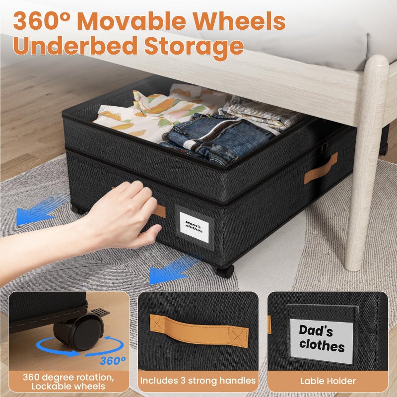 Mqaue Under Bed Storage with Wheels, 72L XXL Under the Bed Storage Containers Large, 10â€˜â€™ Tall Adjustable Storage for Underbed with Lids, Rolling for Shoes, Clothes, Blankets, Black - Image 3
