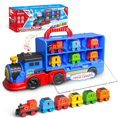AuroTops Toys for 3 4 5 6 Year Old Boys for Kids Girl Boy Toys2in1 Toddler Toy Trucks Christmas Train Set with Light Sounds Include 1 Transport Toy Trucks6 Magnetic Trains - Image 1
