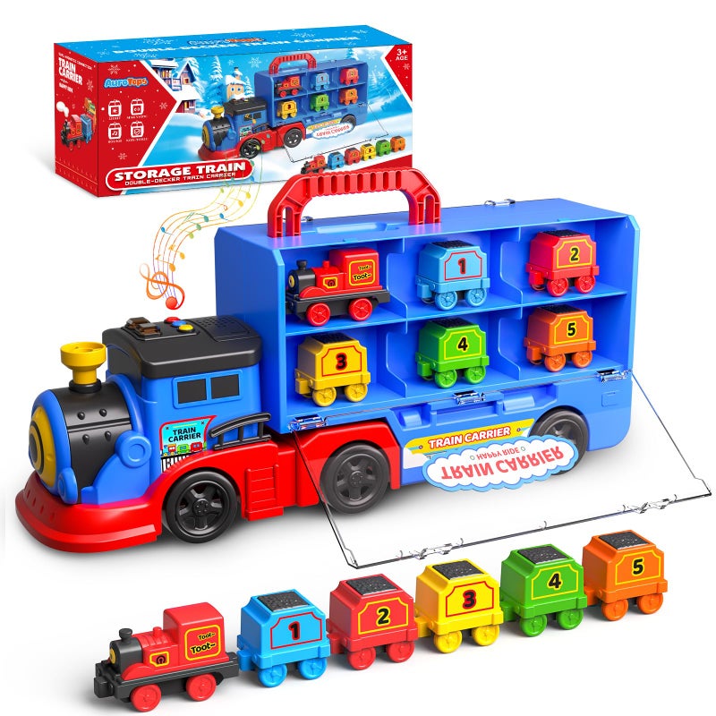 AuroTops Toys for 3 4 5 6 Year Old Boys for Kids Girl Boy Toys2in1 Toddler Toy Trucks Christmas Train Set with Light Sounds Include 1 Transport Toy Trucks6 Magnetic Trains - Image 3