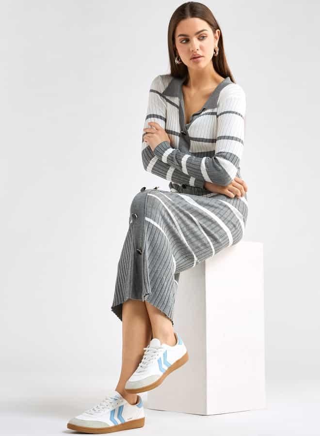 سبلاش فيڤ فستان قميص مخطط بياقة عادية وأكمام طويلة - Image 1