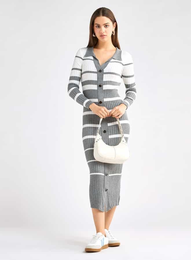 سبلاش فيڤ فستان قميص مخطط بياقة عادية وأكمام طويلة - Image 2