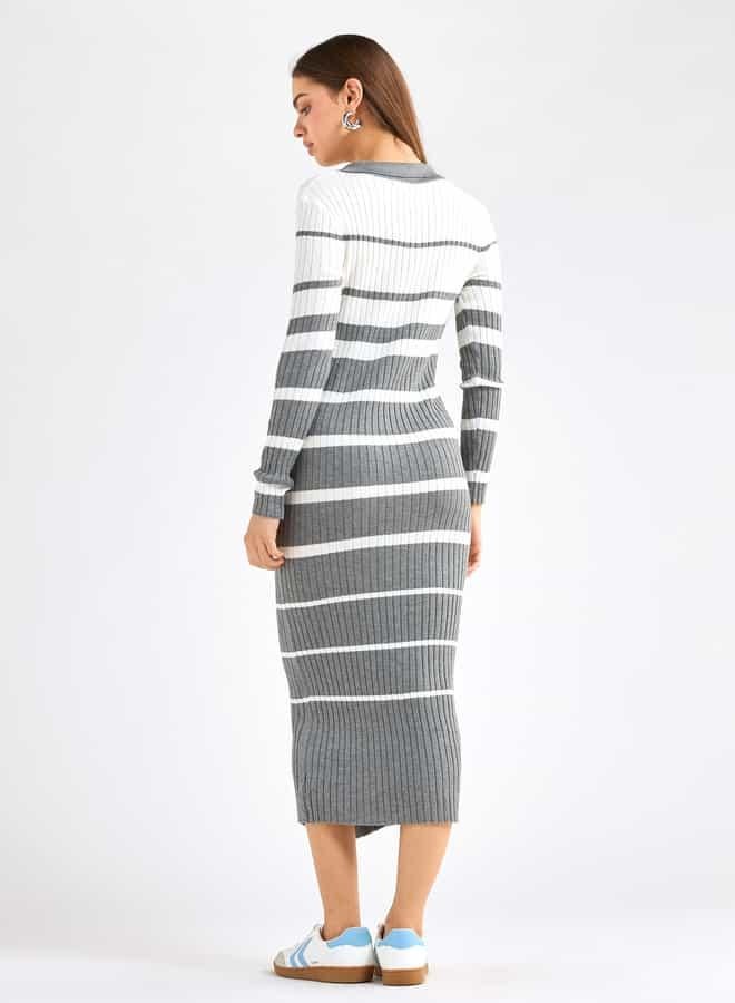 سبلاش فيڤ فستان قميص مخطط بياقة عادية وأكمام طويلة - Image 3