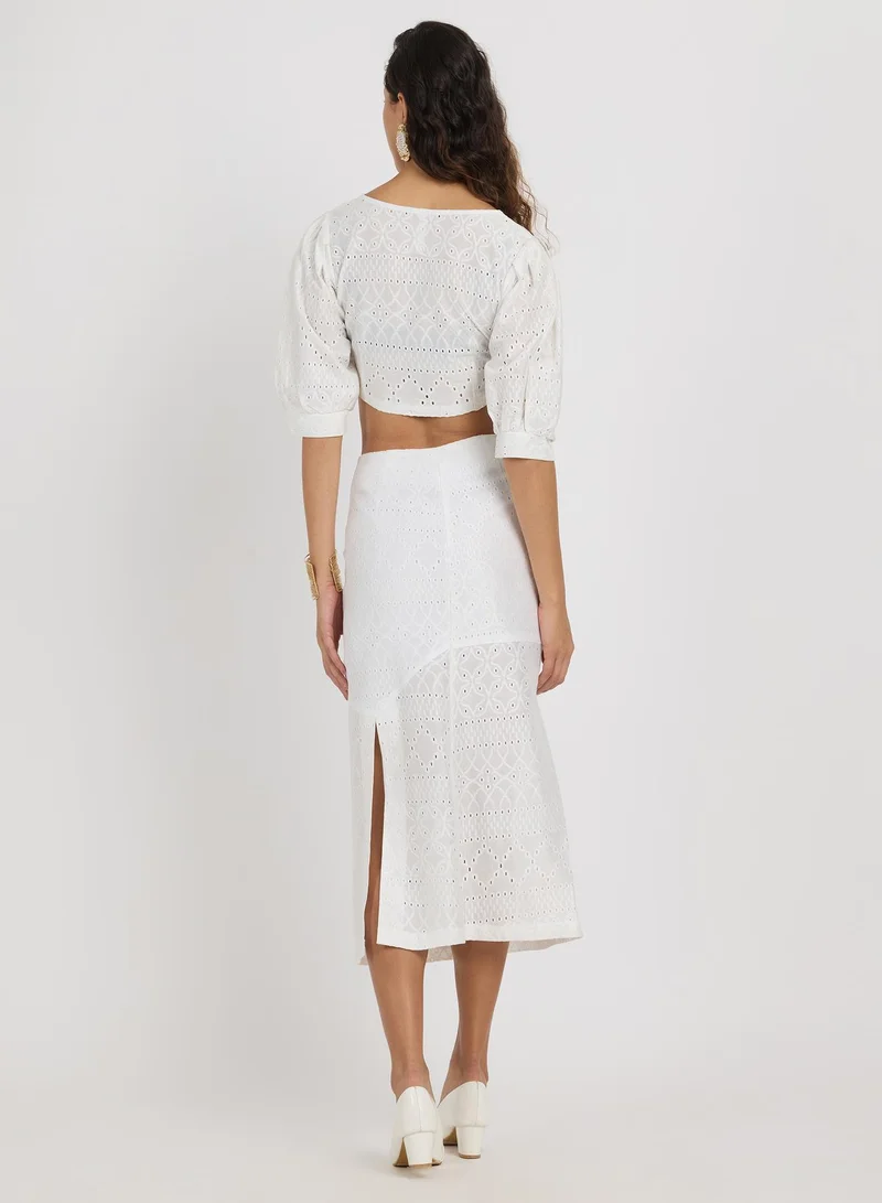 PINACOLADA Women's Daisy White Solid Schiffli Co-Ord Set For Casual Wear | V-Neck | Short Sleeve | Zipper Closure | Co-Ords Designed With Comfortable Fit For Woman & Girls