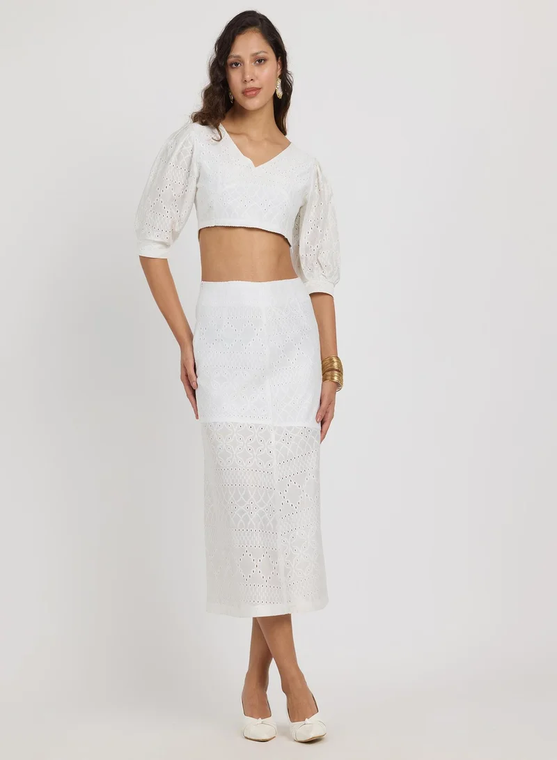 PINACOLADA Women's Daisy White Solid Schiffli Co-Ord Set For Casual Wear | V-Neck | Short Sleeve | Zipper Closure | Co-Ords Designed With Comfortable Fit For Woman & Girls