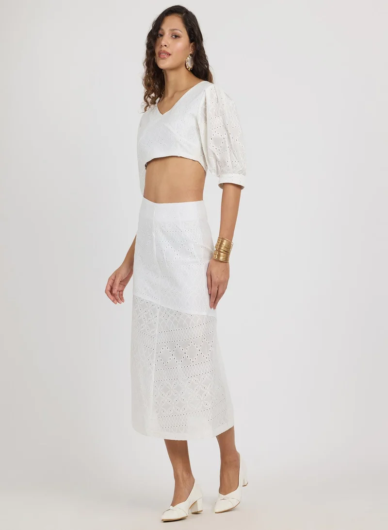 PINACOLADA Women's Daisy White Solid Schiffli Co-Ord Set For Casual Wear | V-Neck | Short Sleeve | Zipper Closure | Co-Ords Designed With Comfortable Fit For Woman & Girls
