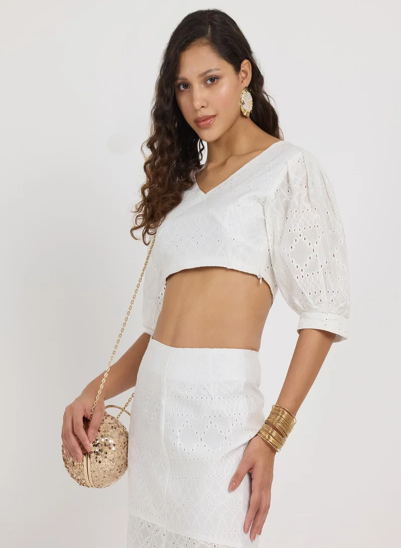 PINACOLADA Women's Daisy White Solid Schiffli Co-Ord Set For Casual Wear | V-Neck | Short Sleeve | Zipper Closure | Co-Ords Designed With Comfortable Fit For Woman & Girls