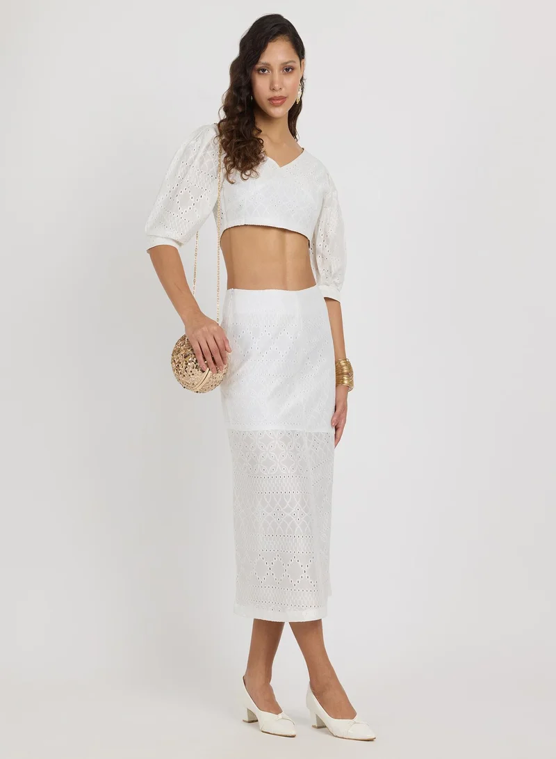 PINACOLADA Women's Daisy White Solid Schiffli Co-Ord Set For Casual Wear | V-Neck | Short Sleeve | Zipper Closure | Co-Ords Designed With Comfortable Fit For Woman & Girls
