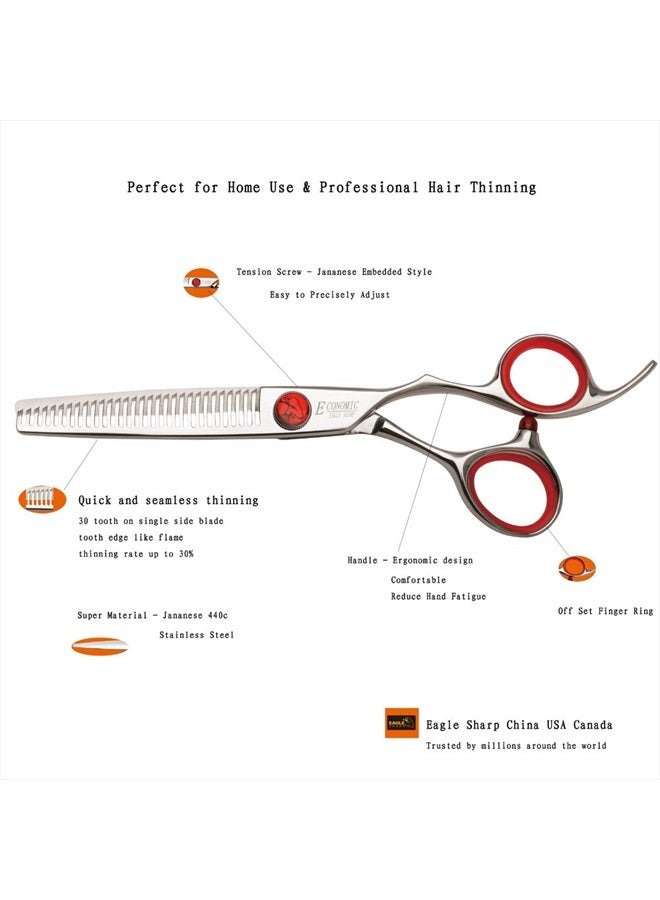 EAGLE SHARP Professional Hair Cutting Scissors 6 inch thinning Scissors 30 Tooth Blender Convex Blade Comfort Handle Stainless Steel Hair Japanese Craft (6.0" Thinner) - Image 2