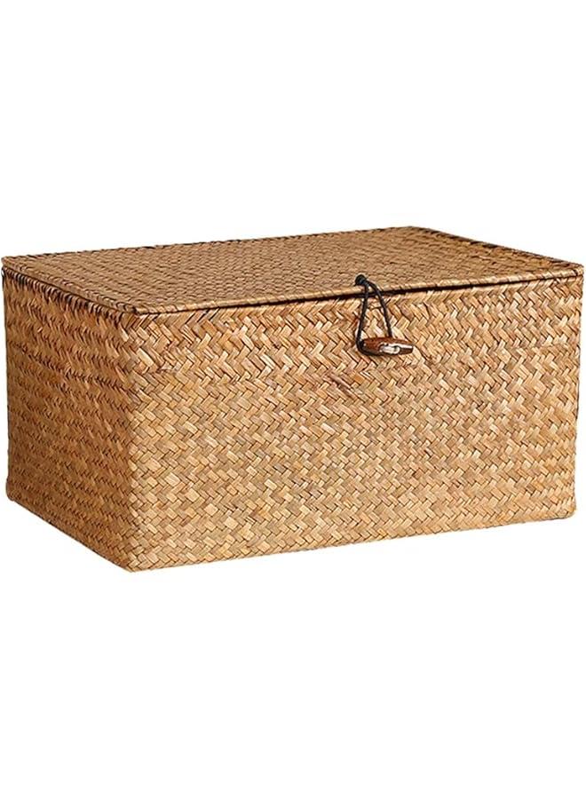 HOOKOR Shelf Baskets Bin with Lid, Handwoven Seagrass Basket Storage Bins Rectangular Household Basket Boxes for Shelf Wardrobe Home Organizer (Caramel, Small) - Image 1