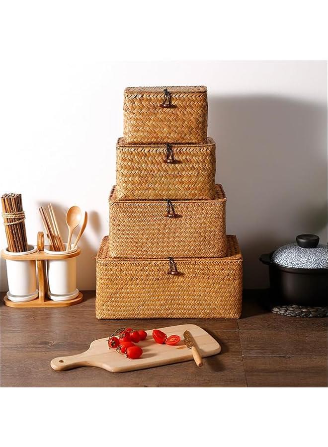 HOOKOR Shelf Baskets Bin with Lid, Handwoven Seagrass Basket Storage Bins Rectangular Household Basket Boxes for Shelf Wardrobe Home Organizer (Caramel, Small) - Image 2