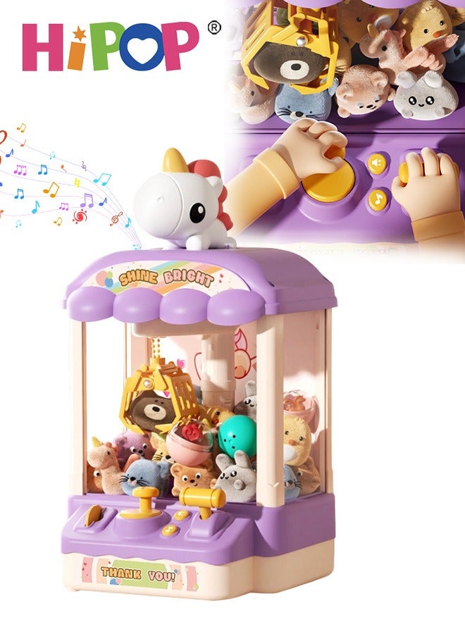 HIPOP Children Play Claw Game Machine with Music and Light, Mini Doll Machine with 20 Plush Dolls as Kids Gift, USB and Battery Powered Purple Pony Design - Image 1