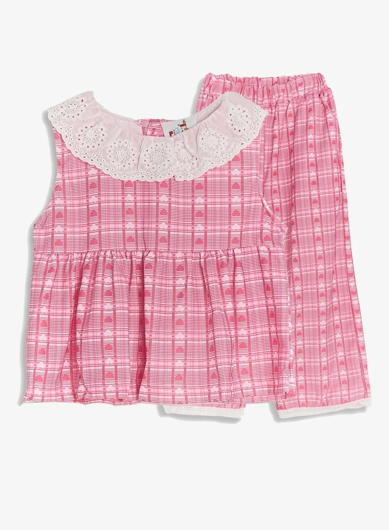 Pinata Lace Collar Pink Frill Top and Pants Set
