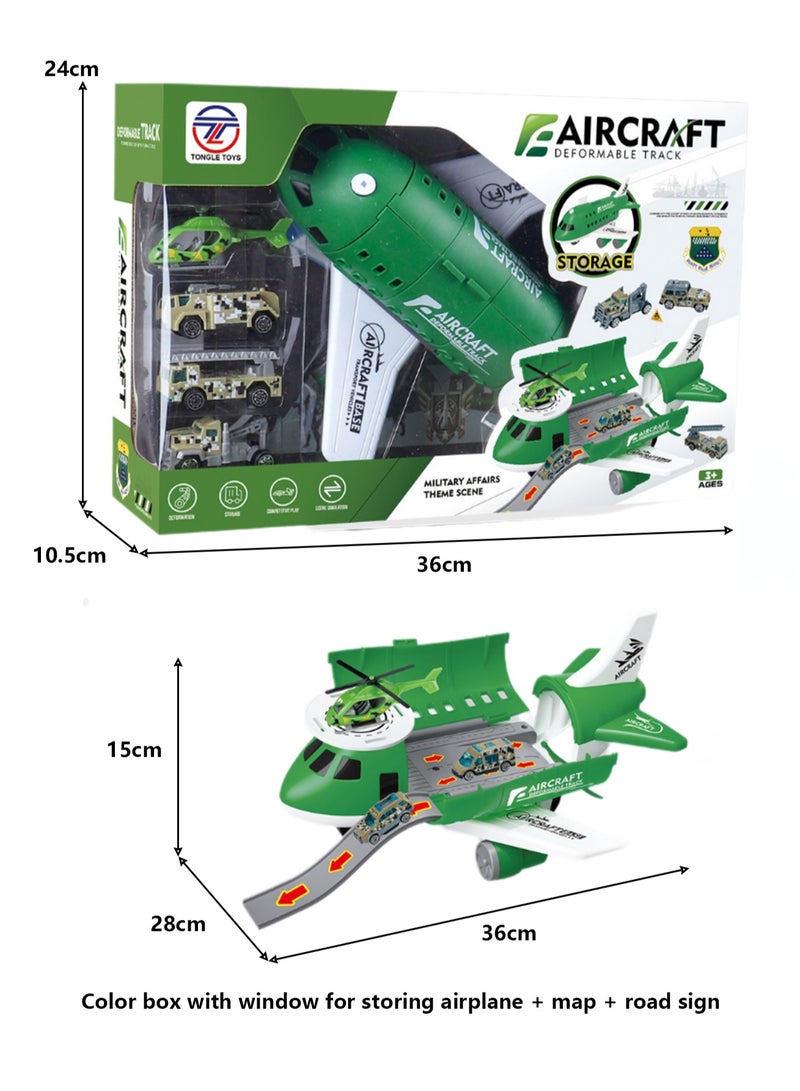Children's Toy Airplane Can Be Stored In The Passenger Plane Set Mode(Green Transport Plane Storage Aircraft + Map + Road Sign Window Color Box)  - Image 2