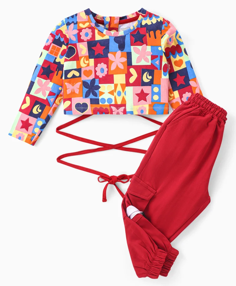 Ollington St. Ollington St. 100% Cotton Full Sleeves Floral Printed Tie Down String Top and Cargo Joggers Set - Multicolor