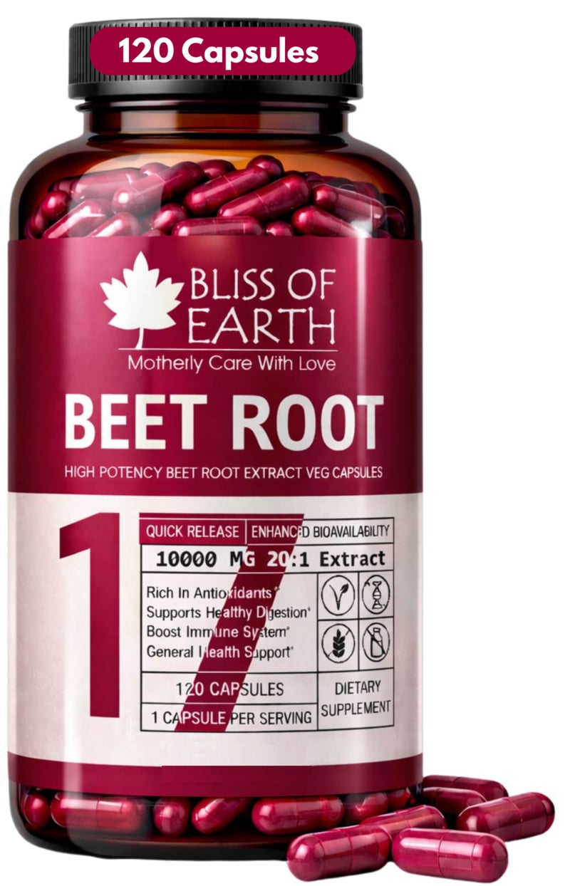 بليس اوف ايرث Bliss of Earth Beet Root Capsules 10000mg (20: 1) مستخلص جذر البنجر عالي الفاعلية | 120 كبسولات | يدعم الدورة الدموية والطاقة والقدرة على التحمل | معزز أكسيد النيتريك | كبسولات نباتية - Image 1