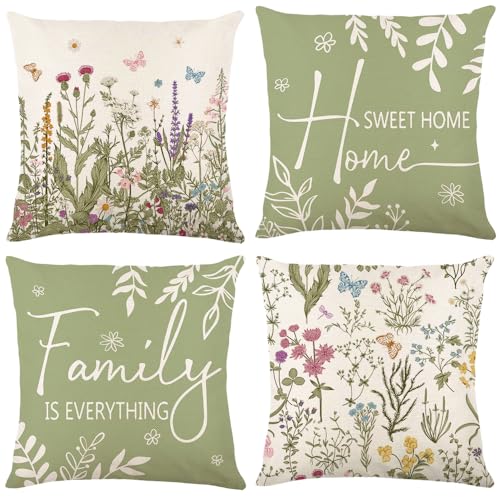 Yuubin Spring Summer Pillow Covers 18x18 Set of 4,Sage Green Wild Plant Floral Throw Pillows Case Outdoor Farmhouse Couch Home Sofa Bed Linen Pillow Decorations - Image 1