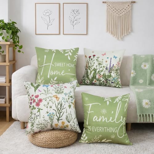 Yuubin Spring Summer Pillow Covers 18x18 Set of 4,Sage Green Wild Plant Floral Throw Pillows Case Outdoor Farmhouse Couch Home Sofa Bed Linen Pillow Decorations - Image 4