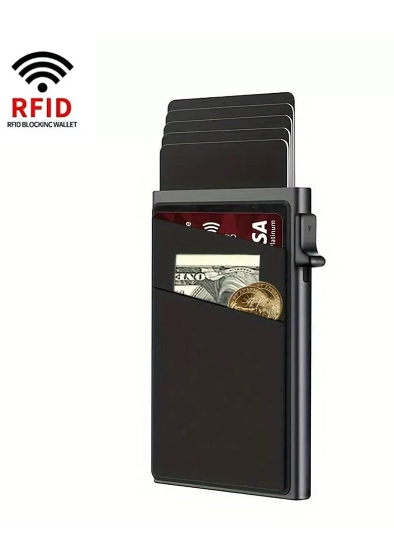 AuliceVerse 2025 Newly Upgraded Slim Aluminum RFID Blocking Card Holder Wallet for Men – Metal Bottom, Anti-Theft Pop-Up Design, Holds 7+ Cards & Cash, Ultra-Slim Metal Money Pocket (Black)  - Image 1