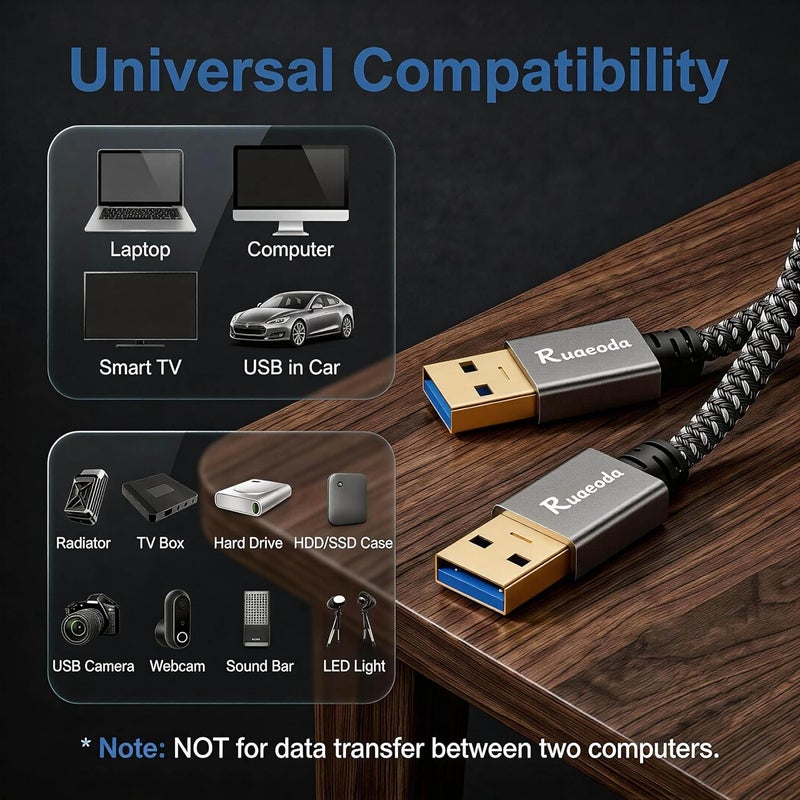 رويدا كابل USB إلى USB بطول 1.5 قدم، USB 3.0 ذكر إلى ذكر من النوع A إلى النوع A، كابل USB مزدوج الجوانب لنقل البيانات متوافق مع القرص الصلب، الكمبيوتر المحمول، مشغل DVD، التلفزيون، محور USB 3.0، الشاشة والمزيد - Image 5
