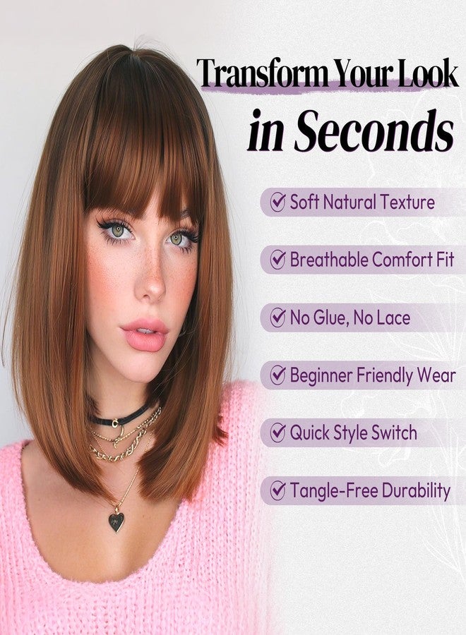 BARSDAR Short Bob Auburn Wig With Bangs - Short Auburn Bob Wig for Women, Thick Soft Synthetic Straight Natural Looking Daily Fun Halloween Cosplay Party Colorful Bobs Copper Redhead Wigs - Image 4