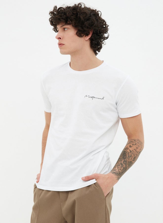 trendyol White Slim/Slim Cut Crew Neck Short Sleeve Text Printed 100% Cotton T-Shirt - Image 1